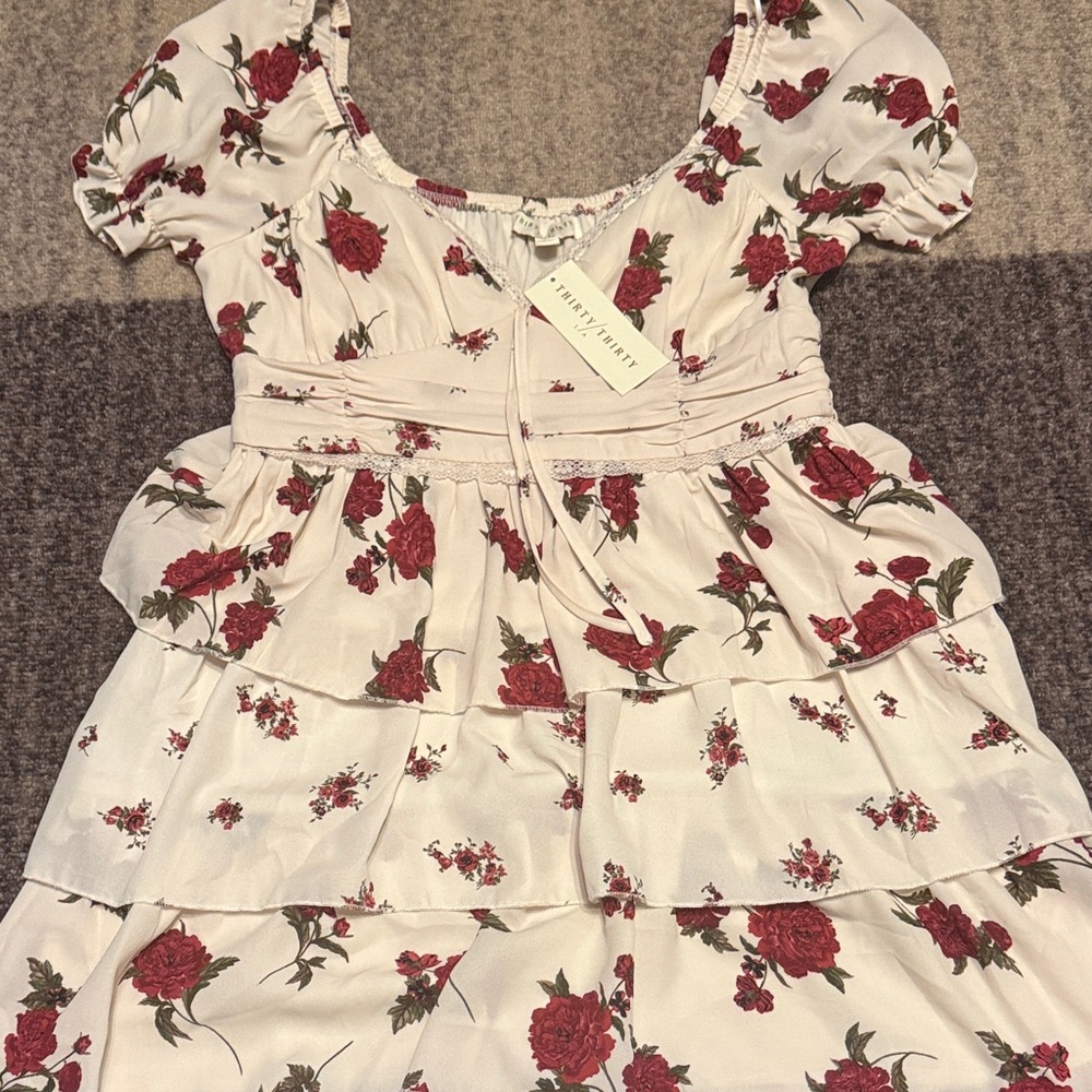 Thirty Thirty Floral Tiered Dress with Red Roses Large